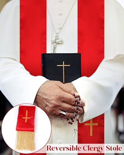 Eurzom 2 Pcs Reversible Clergy Stole with Cross Tassels - color: White,red