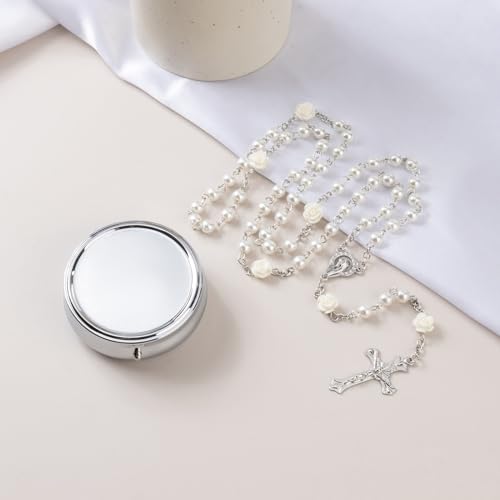 Rosary Beads Catholic - Confirmation Gifts for Teenage Girl, Silver Simple Style Metal Gift Box, White Artificial Pearls Rosary, Gifts for Women - color: Off White (flower)
