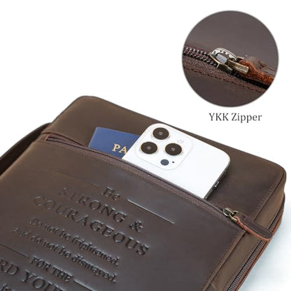 Polare Full Grain Leather Bible Cover Church Bag Bible Protective Book Holder Carrying Case Folder Organizer Portfolio - style: Dark Brown(Strong & Courageous)