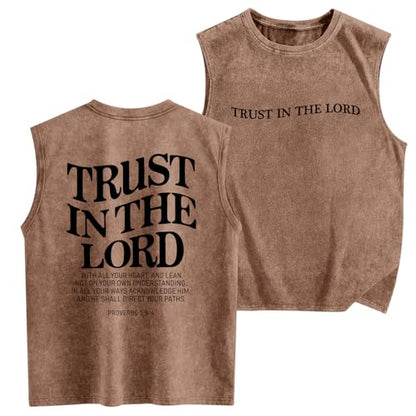 Mens Christian Tank Tops Trust in The Lord God Jesus Religious Faith Bible Verse Shirts Graphic Acid Wash Gym Tees - color: Coffee, size: XX-Large