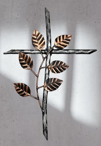 12” Metal Wall Mount Cross – Floral Olive Branch – Holy Celtic Garden Crucifix Silver & Copper Finish, Modern Rustic Jesus Art Décor