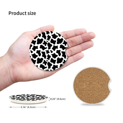 Cute Cow Print Animal Themed Black and White Ceramic Cup Holders Car Coasters Set for Women/Men,Drink Cup Car Holder Coasters with A Finger Notch 2.56" Pack of 2 - color: Cow Print Animal