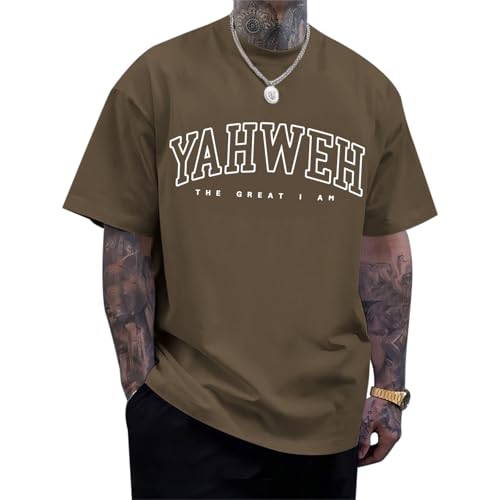 Christian Jesus Shirts for Men Religious God Yahweh Faith Shirt Bible Verse Vintage Oversized Graphic Tees Cotton Top - color: Brown, size: Medium