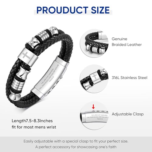 Christian Silver Leather Bracelet for Men - Double-Row Braided Leather Faith Cross Bracelets Bangle Religious Baptism Inspirational Bible Verse Jewelry Gift for Men, Adjustable Wristband 7.5"-8.6" - color: Black-Psalm 23