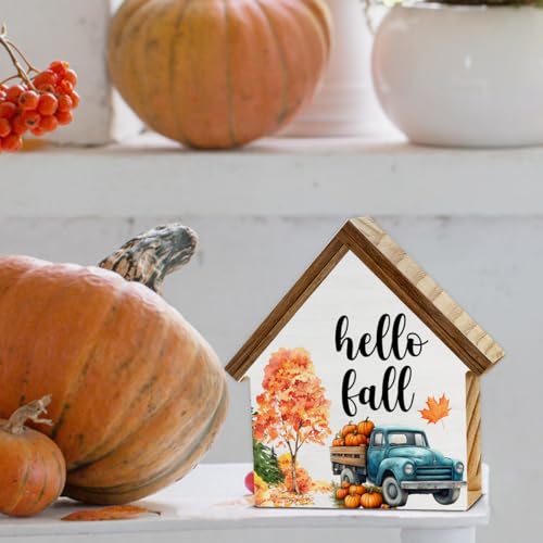 Rustic Fall Decor, Hello Fall House Shaped Wood Block Sign - color: Hello