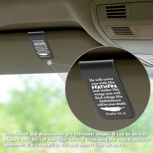 YODOCAMP Psalm 91:4 Christian Car Visor Clip Stainless Steel, He Will Cover You with His Feathers Engraved Scripture Reminder, Faith Based Safe Driving Gift, Religious Car Accessory TZC188 - color: Black-C188