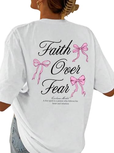 SweatyRocks Women's Bow Shirt Oversized Letter Graphic Tees Cute Tops Trendy Bible Verse Religious T Shirts - color: White, size: Medium