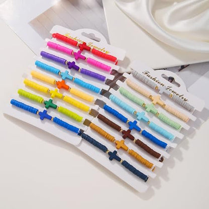 Caiyao 8Pcs Cross Bracelets Bohemian Rainbow Polymer Clay Cross Stretch Bracelets Colorful Stackable Cross Beads Elastic Bracelet for Women Summer Beach Friendship Jewelry Gifts - color: Set B