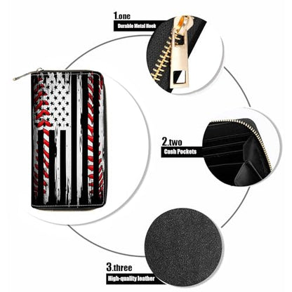 American Flag Baseball Background Print Wallet for Women Large Capacity Wallet Credit Card Holder PU Leather Zipper Clutch Purse Phone Wallet - color: American Flag Baseball Background