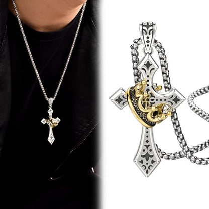 Elegant Cross Necklace for Men， Cross Pendant Necklace– Stainless Steel Chain with Detachable Crown Pendant
