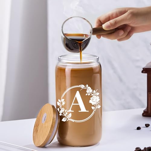 Birthday Gifts for Women, Monogrammed Initial Glass Cup Personalized Gifts for Women, 16oz Glass Cups with Lids and Straws, Iced Coffee Cup, Beer Can Shaped Glass - Gifts for Mothers Day, Christmas, A - style: A