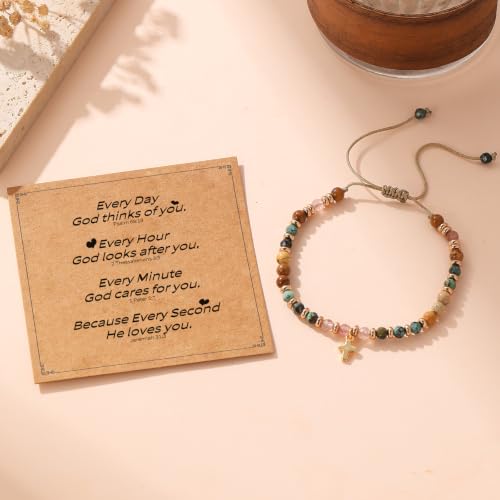 Christian Gifts for Women, Cross Bracelet, Natural Stone Beaded Jewelry - color: Brown