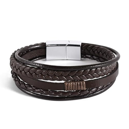 Leather Bracelet for Men Braided Stainless Steel Mens Bracelets - color: Brown-SilverBuckle
