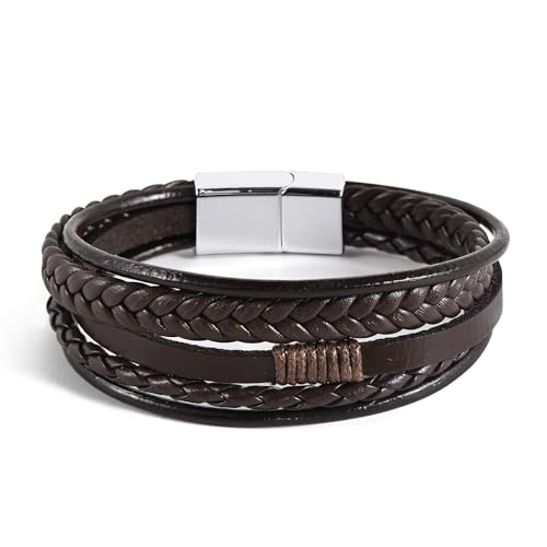Leather Bracelet for Men Braided Stainless Steel Mens Bracelets - color: Brown-SilverBuckle