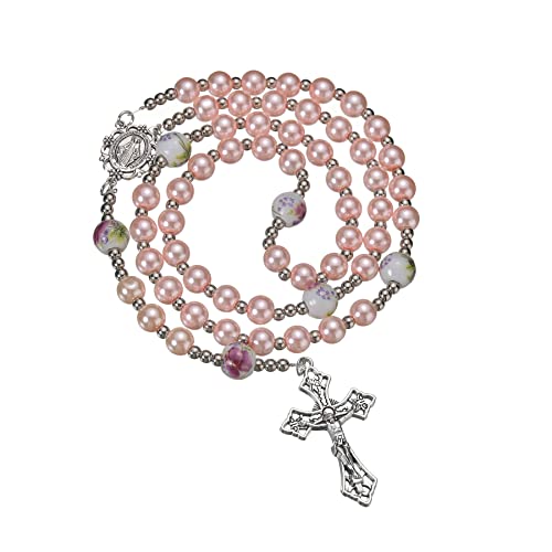 8mm Purple Pearl Beads Catholic Rosary Glass Beaded Acrylic String Necklace White Ceramics Bead Rosary Miraculous Medal Crucifix Cross Gift for Women Girls - color: Pink