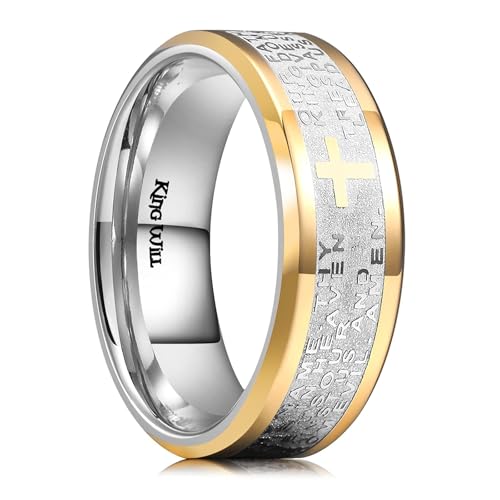 King Will Stainless Steel Men Ring Lord's Prayer Cross Ring Stainless Steel Men Wedding Ring, Wedding Band Bible Engraved Rings High Polished, Comfort Fit - color: Gold
