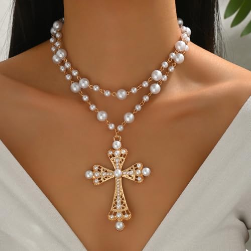 Pearl Cross Necklace Big Cross Pendants Necklaces for Women Chunky Pearl Necklace Gothic Cross Necklace Punk Vintage Cross Jewelry Women - style: Gold 05
