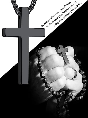 ChainsHouse Cross Necklace for Men, Black/18K Gold Plated/Stainless Steel Christian Jewelry Cross Pendant Necklace for Men, with Gift Box - color: c: Plain Cross-Black