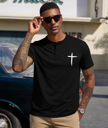 KESIHAN Christian Henley T Shirts for Men Cross Graphic Faith Casual Tee - color: Black-6, size: Small