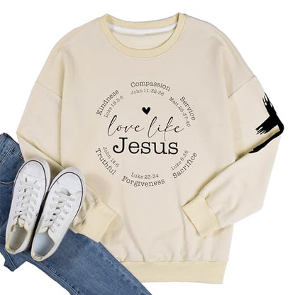 LOTUCY Christian Sweatshirt Women Love Like Jesus Shirt Faith Religious Saying Inspirational Casual lightweight Pullover - color: Apricot, size: Small