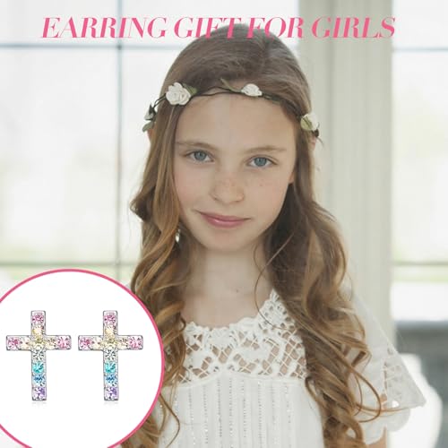 Cross Stud Earrings for Women,Cubic Zirconia Rainbow Cross Earrings Gifts Jewelry for Sensitive Ears,Communion Birthday Baptism Gifts for Girls - color: First Holy Communion
