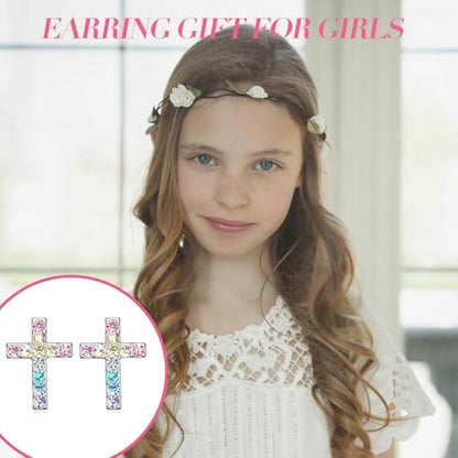 Cross Stud Earrings for Women,Cubic Zirconia Rainbow Cross Earrings Gifts Jewelry for Sensitive Ears,Communion Birthday Baptism Gifts for Girls - color: First Holy Communion