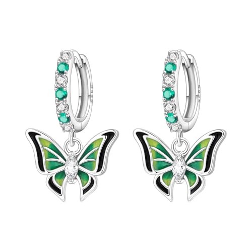 925 Sterling Silver Hoop Earrings Drop Dangle Earrings for Women Hypoallergenic Earring Trendy Huggie Earring Cute Graduation Birthday Gifts Jewelry for Women - color: Green butterfly earrings