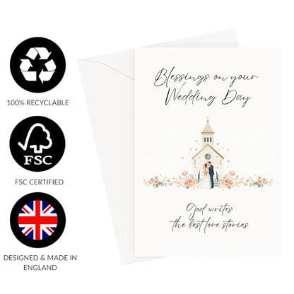 Blessings On Your Wedding Day Card for Bride and Groom | Married Couple In Front of Church Illustration with Bible Verse 1 Corinthians 13:13 | God Writes The Best Love Stories | Christian Couples | Congratulations on your Marriage For Religious Friends an