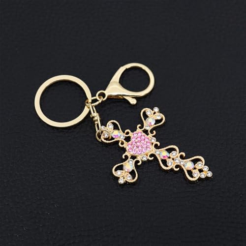 TTYY Stylish Rhinestone Cross Keychain - Sparkling Christian Car Key Ring for Women Men,Religious Gift for Purse Backpack Bag - color: Pink