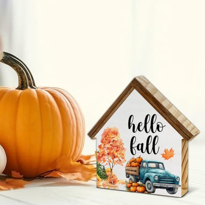 Rustic Fall Decor, Hello Fall House Shaped Wood Block Sign - color: Hello