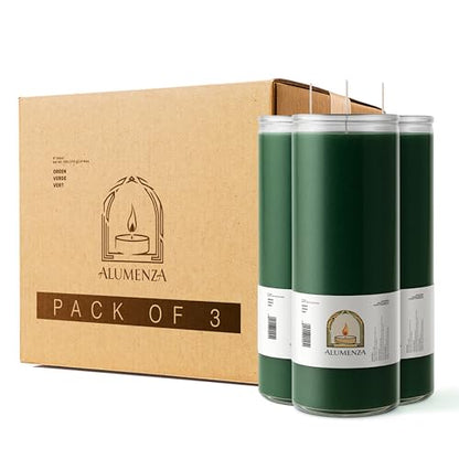 3pk Green Verde 90hr | 7-Day Prayer Candles - Glass Jar Veladoras, Unscented Paraffin Wax | Money, Prosperity & Luck Novena, Catholic Hispanic Church Altar, Memorial Vigil, Business Abundance - color: Green