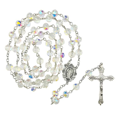 Catholic Rosary Necklace, Jesus Cross, Rainbow Sparkle Crystal Rosary Necklace for Baptism Prayer