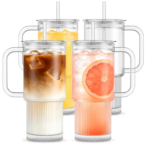 INSETLAN 26oz Glass Tumbler with Handle & Lid – 4-Pack Large Iced Coffee Cups with Straws, Modern Glass Mug for Cold & Hot Beverages, Aesthetic Travel Cup for Smoothies, Tea, and Juice - color: B-Clear-4PCS