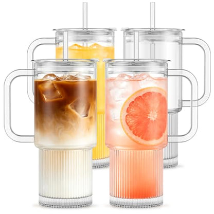 INSETLAN 26oz Glass Tumbler with Handle & Lid – 4-Pack Large Iced Coffee Cups with Straws, Modern Glass Mug for Cold & Hot Beverages, Aesthetic Travel Cup for Smoothies, Tea, and Juice - color: B-Clear-4PCS