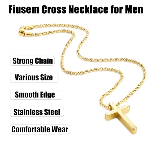 Fiusem Cross Necklace for Men, 2.5mm Rope Chain with Pendant - size: 18 Inch, style: Small gold cross: 1.2" * 0.73"