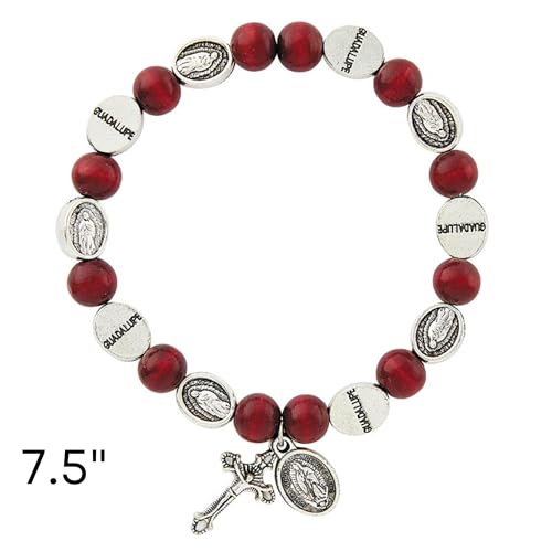 Needzo Our Lady of Guadalupe Rosary Bracelet, Red Wood Beads with Metal Crucifix, Catholic Jewelry, 7.5 Inches