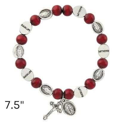 Needzo Our Lady of Guadalupe Rosary Bracelet, Red Wood Beads with Metal Crucifix, Catholic Jewelry, 7.5 Inches