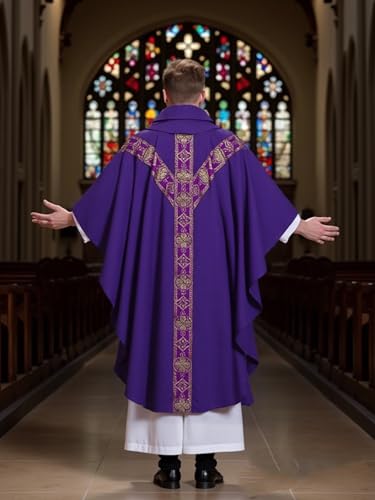 FAD-4U Church Catholic Priest Chasubles Vestments for Church Mass Vestments Robe with Stole - color: Purple&gold