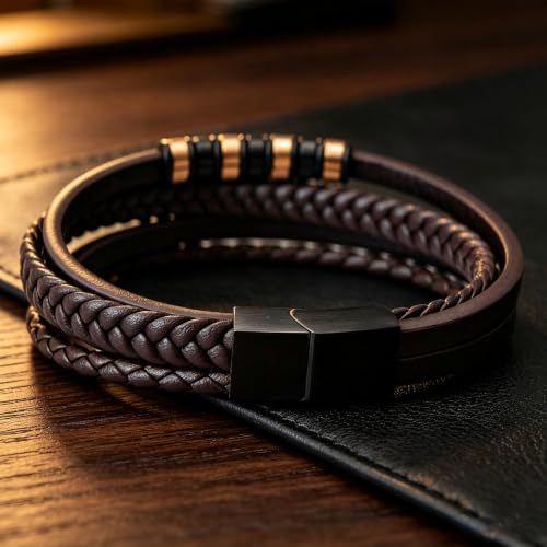 Kim Carrey Italian Handmade Leather Bracelets for Men - color: Brown, size: 7.4"