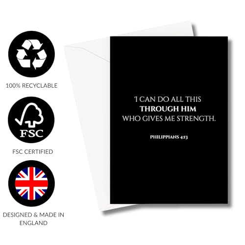 Inspiring Motivational Bible Verse Greeting Cards For Birthday, Retirement, Graduation, Sympathy, Strength, Mourning, Bereavement, Wedding Anniversary and Just Because For Christian Men and Women | Traditional Black and White Design (Philippians 4:13) - c