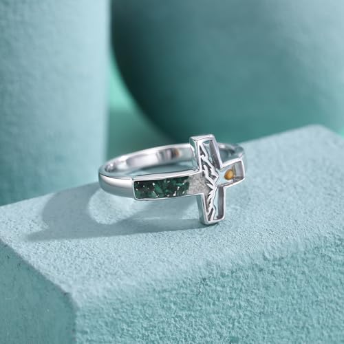 Mustard Seed Ring 925 Sterling Silver Turquoise/Opal/Malachite/Abalone Mountain Cross Ring Jewelry Gift for for Women Girlfriend - style: Malachite&Turquoise