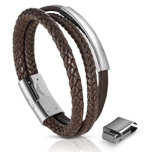 RogueRaven Black Leather Bracelet for Men – Premium Collection – Brown Black Gold Silver | Genuine Leather Mens Bracelet with Stainless Steel Clasp [Adjustable] | In Luxury Gift Box - color: Brown silver