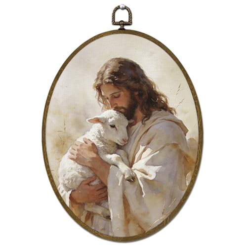 LLOKARNORA Easter Jesus and Lamb Oval Canvas Wall Art, Vintage Christian Religious Framed Wall Art Decor, Easter Bible Verse Prints Hanging Decor for Living Room Prayer Room, 8.7x11.3 Inch - color: jesus lamb