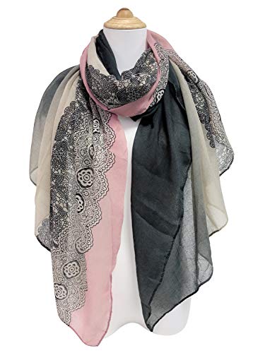 GERINLY Fashion Scarves for Women Lightweight Lace Printed Scarf Shawl Wrap - color: Darkgreypink