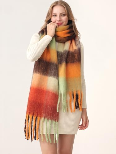HOTIAN Women's Large Scarf Colorful Chunky Plaid Scarves Soft Winter Thick Tassel Warm Wrap Shawl - color: Tangerine (Falling Leaves)