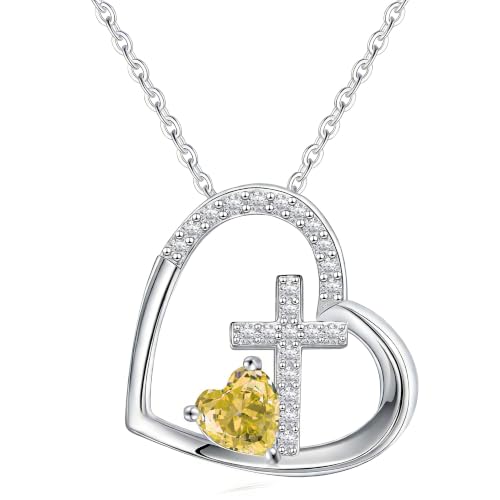 JSJOY Cross Necklace Christian Gifts for Women Heart Birthstone Necklace Religious Birthday Gifts for Mom Daughter Christmas Stocking Stuffers Baptism Confirmation Gifts for Teens - color: Silver - 11 Citrine