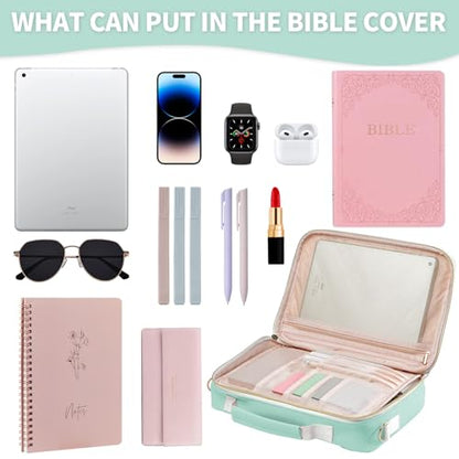 KOPKOFT Bible Cover Case for Women, Large Chenille Letter Leather Bible Case with Bible Study Accessories, Bible Study Supplies Bible Journaling Kit, Christmas Christian Gift for Women Girls (Green) - color: Green