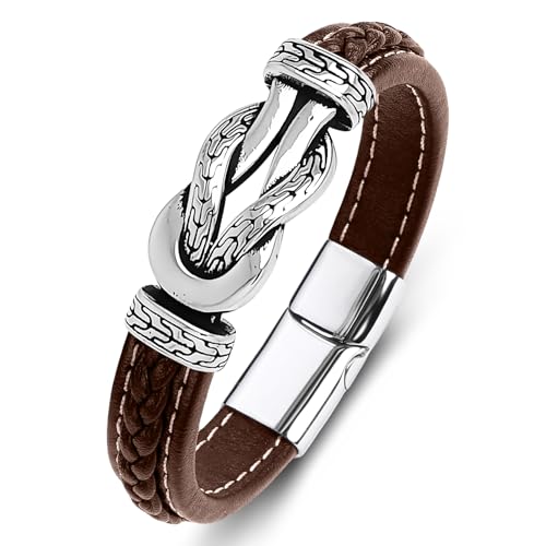 Men's Braided Leather Bracelet Wristband Cuff Bracelet for Men Gifts Stainless Steel Clasp - color: Brown