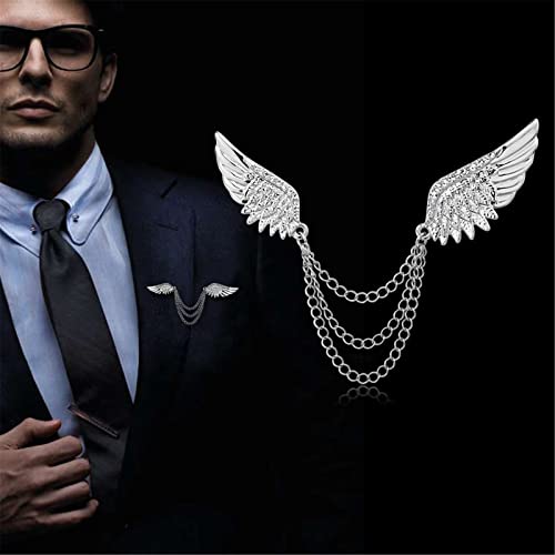WCRAZYE Shiny Rhinestone Metal Feather Lapel Pin Angel Wings Tassel Chain Brooch Collar Pins for Women Girls Men's Animal Eagle Pin Suit Sweater Shawl Coat Breastpin Accessories - color: Silver Wings Pins