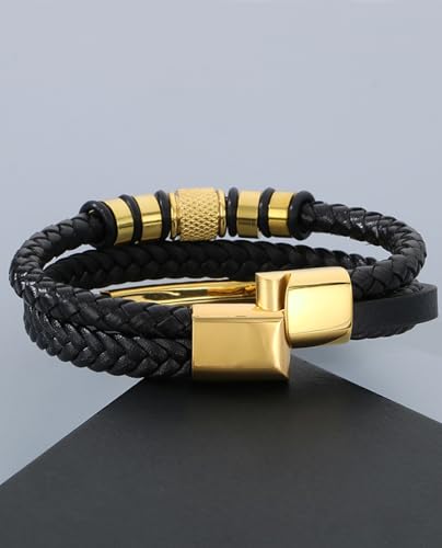 Kim Carrey Italian Handmade Leather Bracelets for Men - color: Golden, size: 8.2"